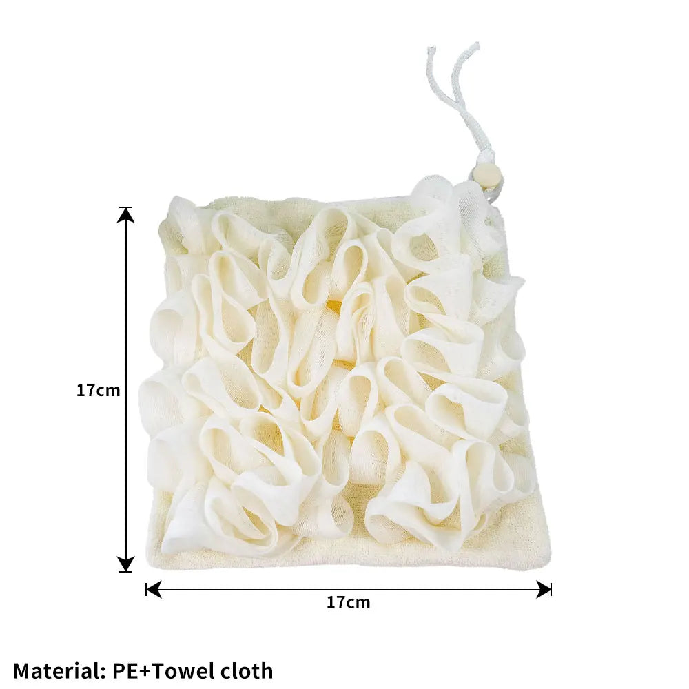 2-In-1 Bath Ball Towel Loofah With Drawstring Closure For Soap Soft Exfoliating Mesh Shower Sponge Skin Care Bathing Tool - Beige