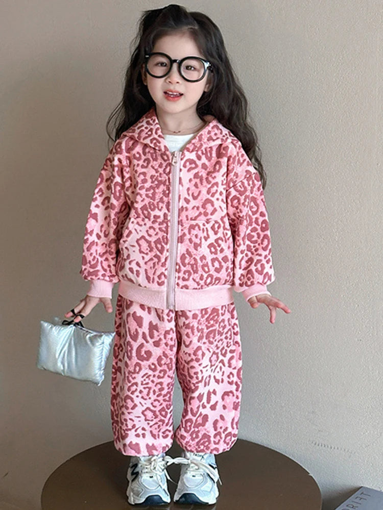 Baby Girls Clothes Suit 2026  New Autumn Winter Children's Korean Style Fashion Leopard Print Hooded Jacket+Pants Sports 2PCS