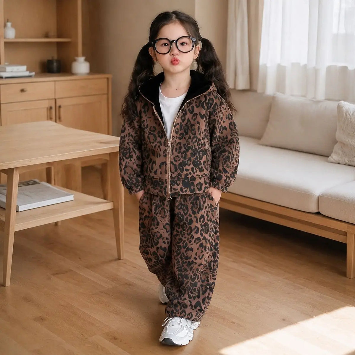 Baby Girls Clothes Suit 2026  New Autumn Winter Children's Korean Style Fashion Leopard Print Hooded Jacket+Pants Sports 2PCS